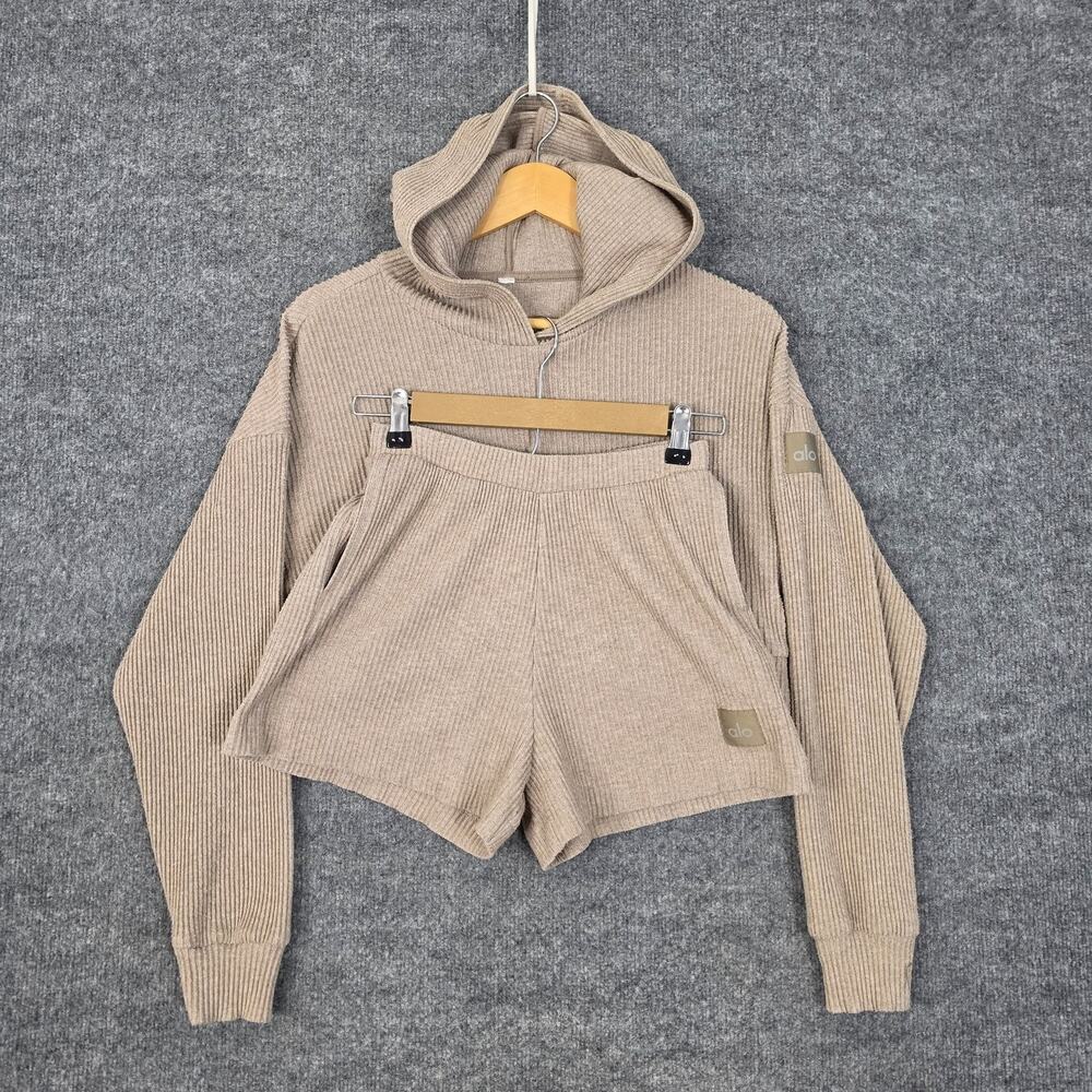 Alo Yoga Set Womens XXS Ribbed Hoodie Shorts Beige Knit Sweatsuit Yoga Lounge